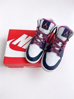 Nike Air Jordan 1 Mid GS Navy Pink Orange Youth Size 5Y